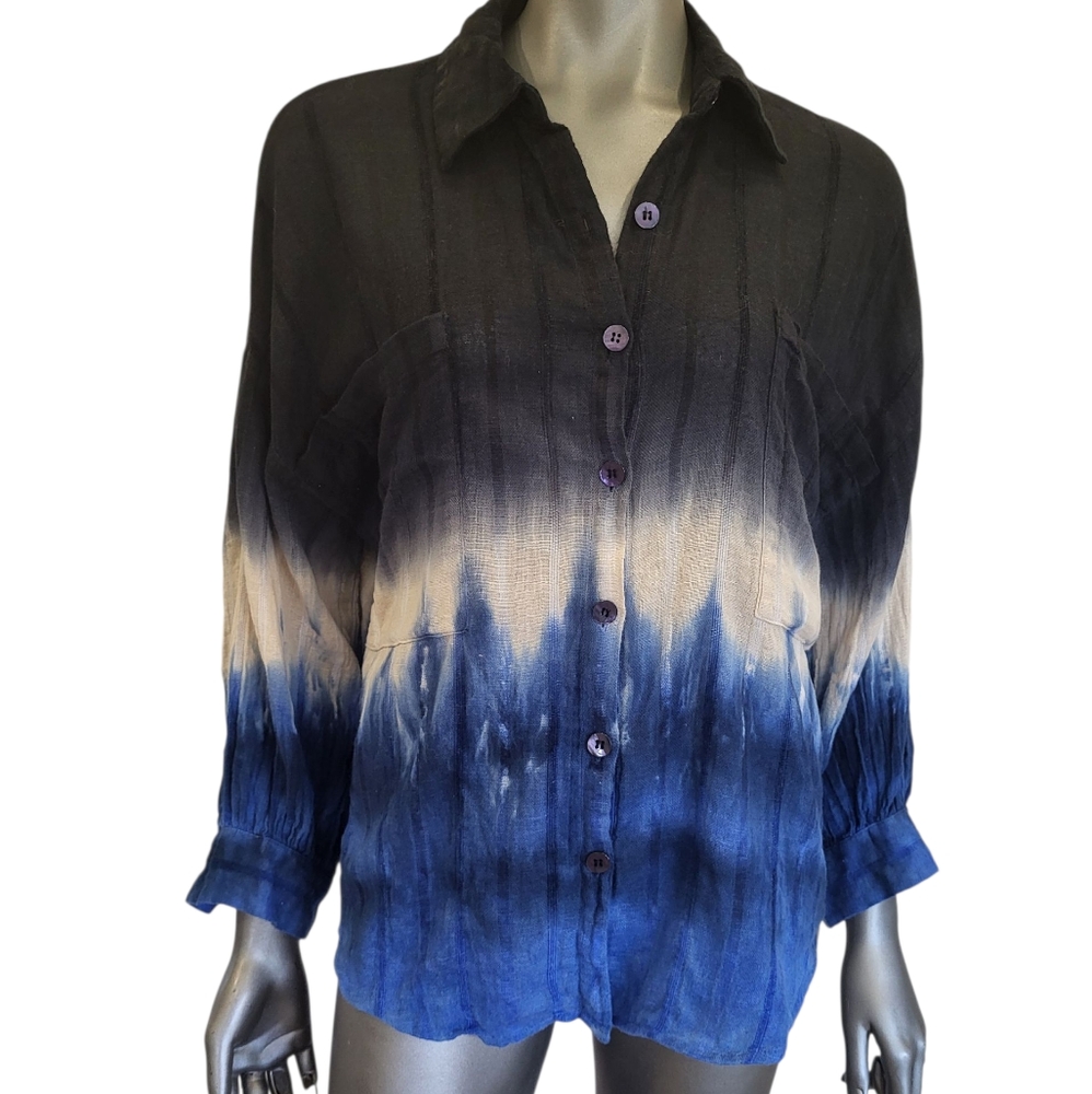 116B. Zara Linen Blend Ombre Radient Blue and Black Women's Top - Size Medium
